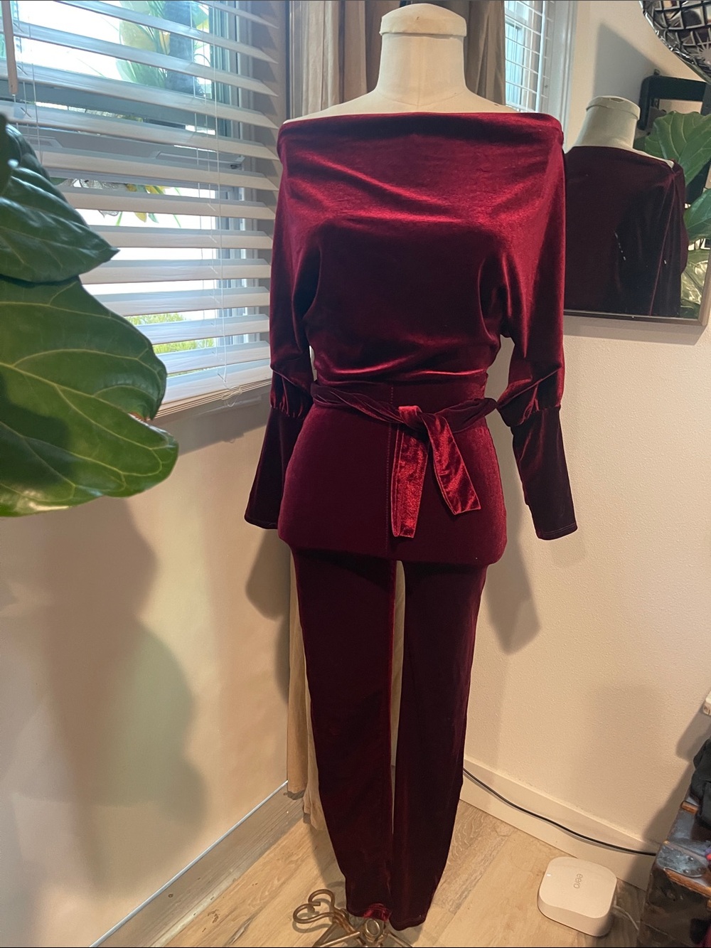 Wine Velvet Off-Shoulder Top & Trousers Set